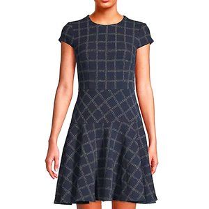 NEW! Eliza J Windowpane Cotton Blend Fit-& Flare Navy blue Dress, size 6